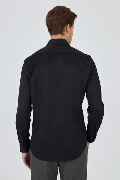 Uzun Kol Düz Bez Ayağı Sert Yaka Cepsiz Pamuklu Classic Slim Fit Gömlek 1004250211 - Resim 5