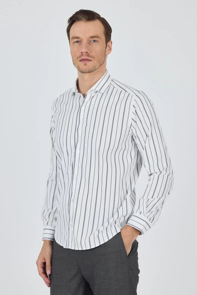 Beyaz-Mavi Uzun Kol Çizgili Desen Bez Ayağı İtalyan Yaka Cepsiz Esnek Classic Slim Fit Gömlek 1004250203 - Resim 3