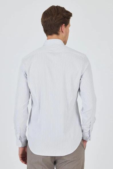 Beyaz-Gri Uzun Kol Çizgili Desen Bez Ayağı İtalyan Yaka Cepsiz Esnek Classic Slim Fit Gömlek 1004250202 - Resim 5