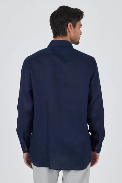 Uzun Kol Düz Keten Düğmeli Yaka Cepsiz Casual Comfort Fit Gömlek 1004250114 - Resim 5