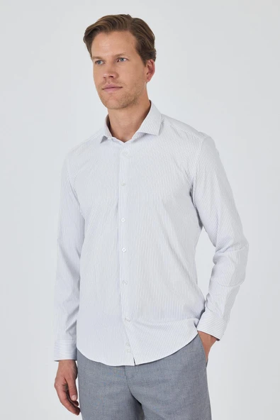 Uzun Kol Çizgili Desen Bez Ayağı İtalyan Yaka Cepsiz Esnek Classic Slim Fit Gömlek 1004250202 - Resim 2