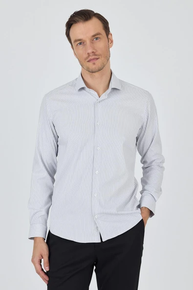 Uzun Kol Çizgili Desen Bez Ayağı Sert Yaka Cepsiz Esnek Classic Slim Fit Gömlek 1004250159 - Resim 3