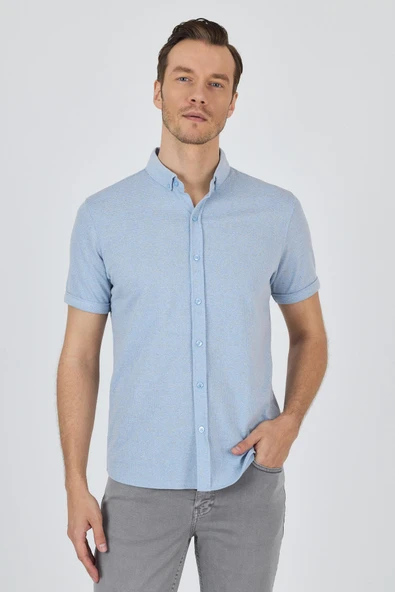 Koyu Mavi Kısa Kol Düz Örme Düğmeli Yaka Cepsiz Pamuklu Classic Slim Fit Gömlek 1004250155_300 - Resim 3