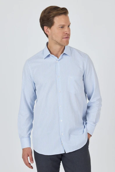 Beyaz-Mavi Uzun Kol Çizgili Desen Bez Ayağı Sert Yaka cepli Pamuklu Classic Comfort Fit Gömlek 1004250179 - Resim 2