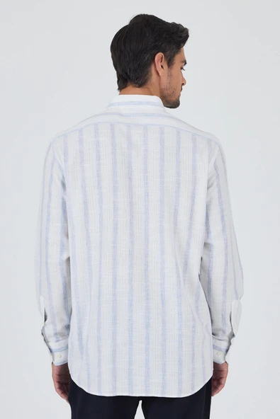 Uzun Kol Çizgili Desen Bez Ayağı Düğmeli Yaka cepli Pamuklu Casual Comfort Fit Gömlek 1004250190 - Resim 5