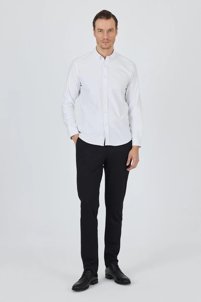 Uzun Kol Düz Bez Ayağı Düğmeli Yaka Cepsiz Pamuklu Casual Slim Fit Gömlek 1004250212 - Resim 2