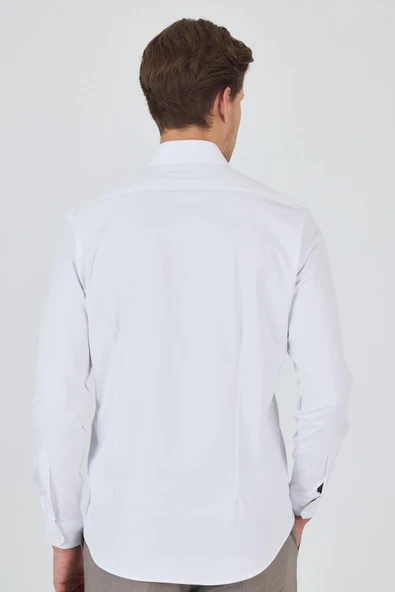 Uzun Kol Düz Bez Ayağı Sert Yaka Cepsiz Pamuklu Classic Slim Fit Gömlek 1004250211 - 5