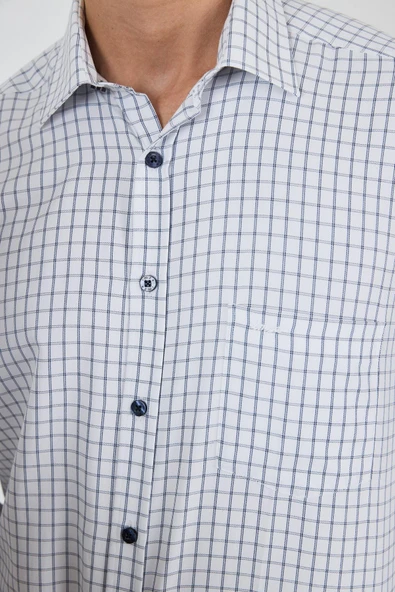 Uzun Kol Kareli Desen Bez Ayağı Sert Yaka cepli Pamuklu Classic Comfort Fit Gömlek 1004250176 - Resim 4