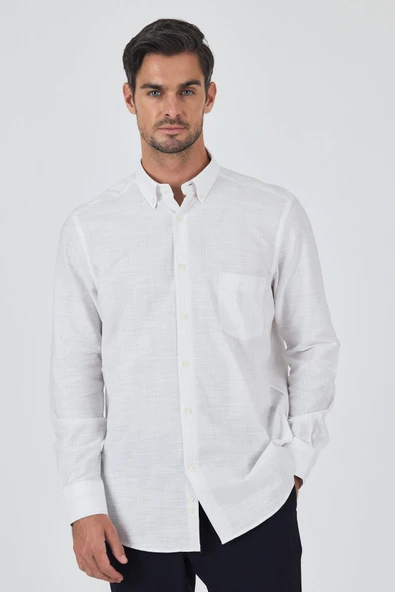 Uzun Kol Çizgili Desen Düğmeli Yaka cepli Classic Comfort Fit Gömlek 1004250189