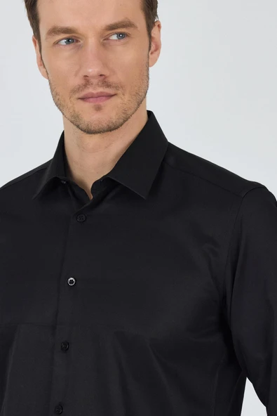 Siyah Sert Yaka Düz Classic Pamuklu Slim Fit Gömlek 1004250900 - Resim 4