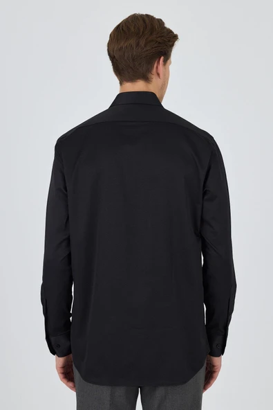 Uzun Kol Düz Bez Ayağı Sert Yaka cepli Pamuklu Classic Comfort Fit Gömlek 1004250210 - Resim 5