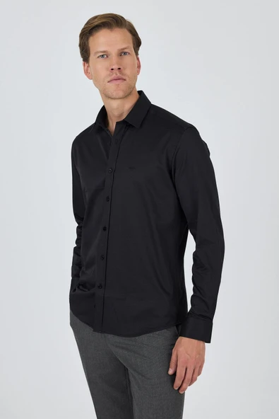 Uzun Kol Düz Bez Ayağı Sert Yaka Cepsiz Pamuklu Classic Slim Fit Gömlek 1004250211 - Resim 3