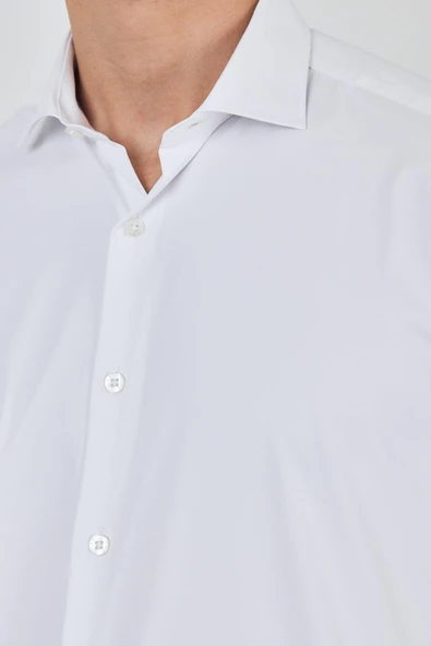Uzun Kol Düz Bez Ayağı Sert Yaka Cepsiz Pamuklu Classic Slim Fit Gömlek 1004250160 - Resim 3