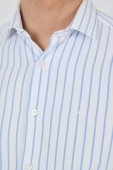 Koyu Mavi Yarım İtalyan Yaka Çizgili Desen Casual Slim Fit Gömlek 1004250216 - Resim 4