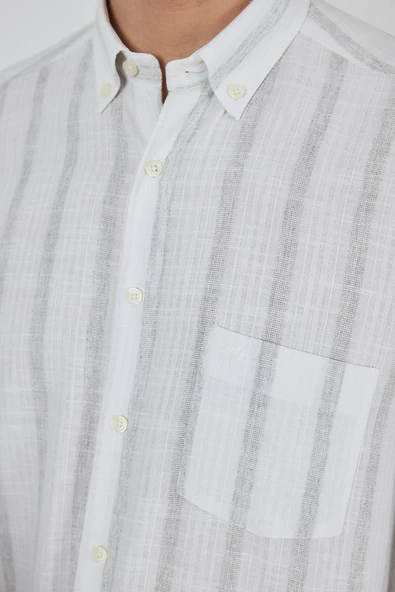 Uzun Kol Çizgili Desen Bez Ayağı Düğmeli Yaka cepli Pamuklu Casual Comfort Fit Gömlek 1004250190 - Resim 4