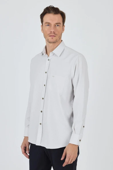 Uzun Kol Desenli Armürlü Sert Yaka cepli Pamuklu Classic Comfort Fit Gömlek 1004250174 - Resim 3