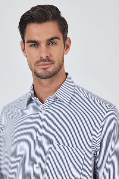 Uzun Kol Çizgili Desen Bez Ayağı Sert Yaka cepli Pamuklu Classic Comfort Fit Gömlek 1004250179 - Resim 4