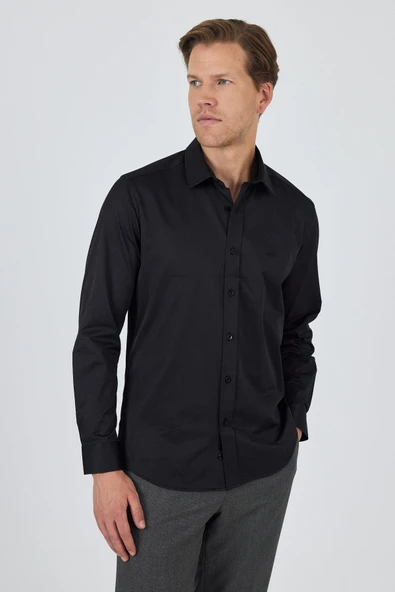 Uzun Kol Düz Bez Ayağı Sert Yaka Cepsiz Pamuklu Classic Slim Fit Gömlek 1004250211 - Resim 2