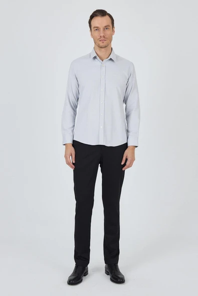 Uzun Kol Desenli Armürlü Sert Yaka Cepsiz Pamuklu Classic Slim Fit Gömlek 1004250184 - Resim 3