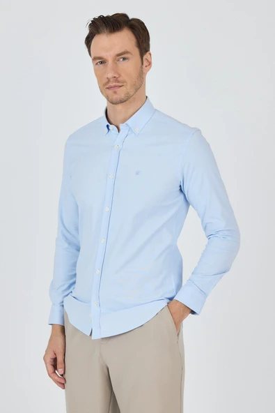 Uzun Kol Düz Bez Ayağı Düğmeli Yaka Cepsiz Pamuklu Casual Slim Fit Gömlek 1004250212 - Resim 3