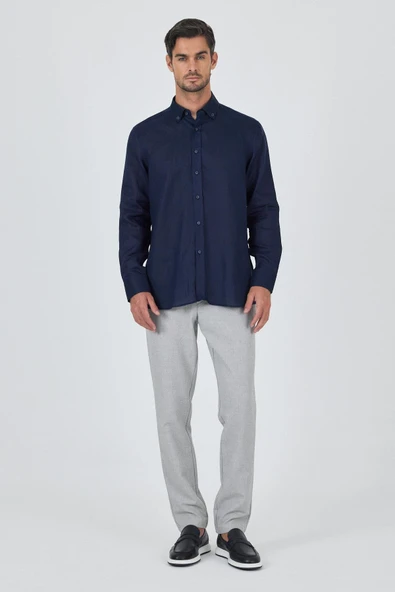 Uzun Kol Düz Keten Düğmeli Yaka Cepsiz Casual Comfort Fit Gömlek 1004250114 - Resim 2