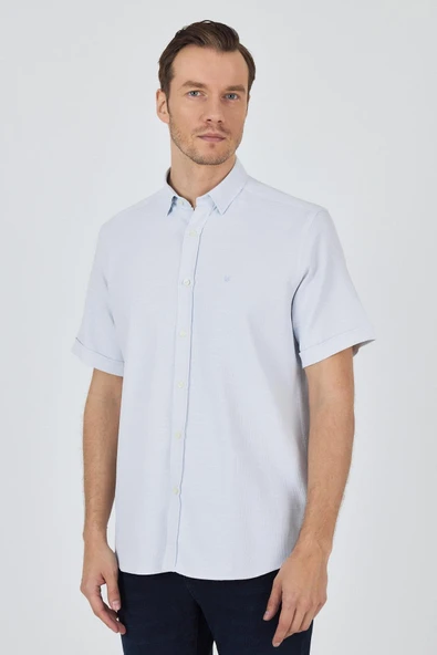Koyu Mavi Biritli Yaka Düz Casual Pamuklu Comfort Fit Gömlek 1004250221
