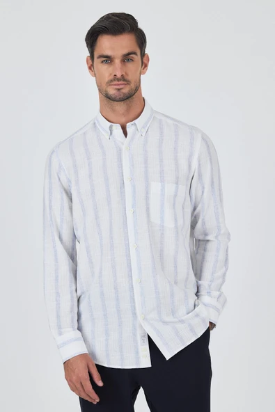 Uzun Kol Çizgili Desen Bez Ayağı Düğmeli Yaka cepli Pamuklu Casual Comfort Fit Gömlek 1004250190