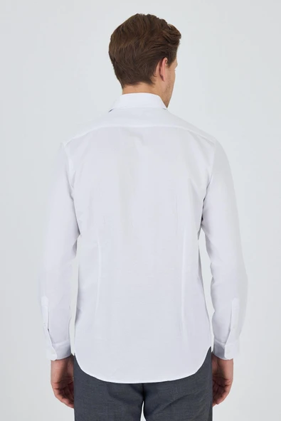 Uzun Kol Desenli Armürlü Sert Yaka Cepsiz Pamuklu Classic Slim Fit Gömlek 1004250185 - Resim 5