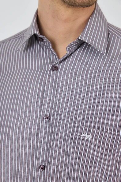 Uzun Kol Çizgili Desen Armürlü Sert Yaka cepli Pamuklu Classic Comfort Fit Gömlek 1004250173 - Resim 4
