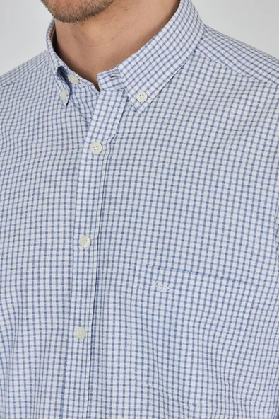 Uzun Kol Kareli Desen Bez Ayağı Düğmeli Yaka cepli Pamuklu Classic Comfort Fit Gömlek 1004250197 - Resim 4