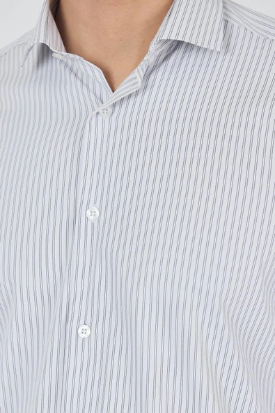 Uzun Kol Çizgili Desen Bez Ayağı Sert Yaka Cepsiz Esnek Classic Slim Fit Gömlek 1004250159 - Resim 4