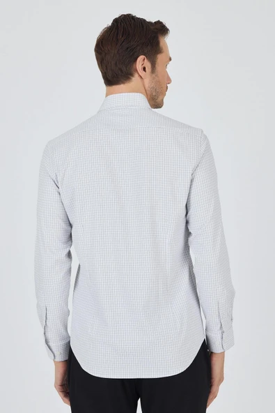 Beyaz-Gri Sert Yaka Cepsiz Gabardin Uzun Kol Slim Fit Esnek Gömlek 1004250232 - Resim 5