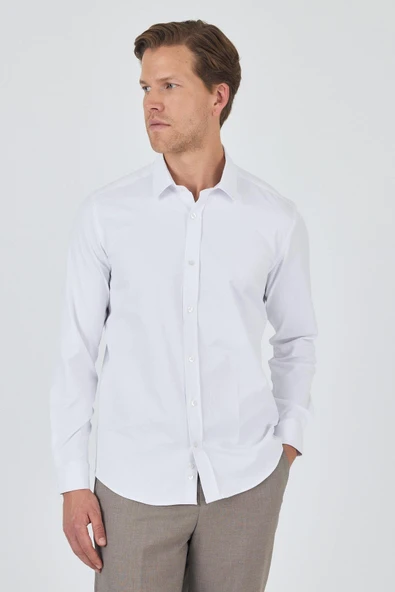 Uzun Kol Düz Bez Ayağı Sert Yaka Cepsiz Pamuklu Classic Slim Fit Gömlek 1004250211 - 2