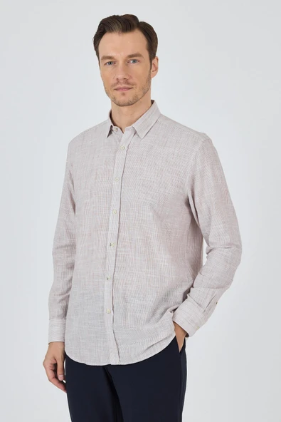 Kahverengi Uzun Kol Cepsiz Pamuk Casual Comfort Fit Gömlek 1004250127 - Resim 3