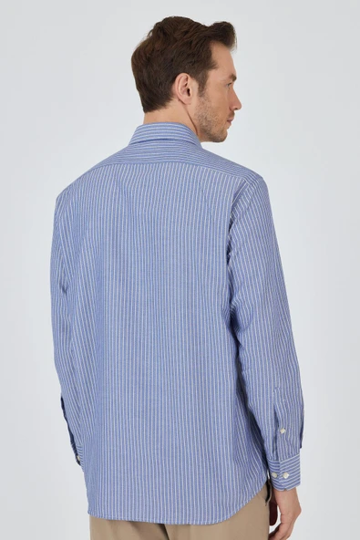 Uzun Kol Çizgili Desen Armürlü Sert Yaka cepli Pamuklu Classic Comfort Fit Gömlek 1004250173 - Resim 5