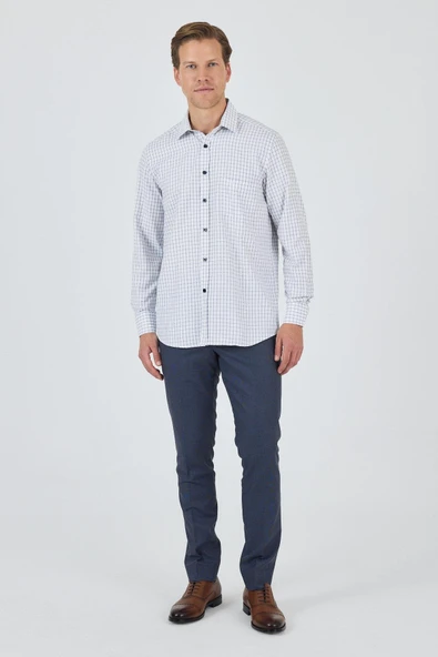 Uzun Kol Kareli Desen Bez Ayağı Sert Yaka cepli Pamuklu Classic Comfort Fit Gömlek 1004250176 - Resim 3