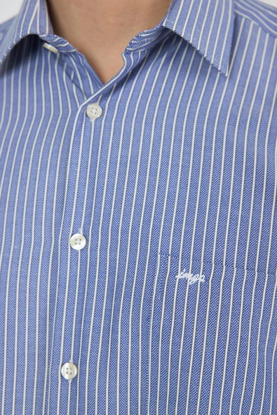 Uzun Kol Çizgili Desen Armürlü Sert Yaka cepli Pamuklu Classic Comfort Fit Gömlek 1004250173 - Resim 4