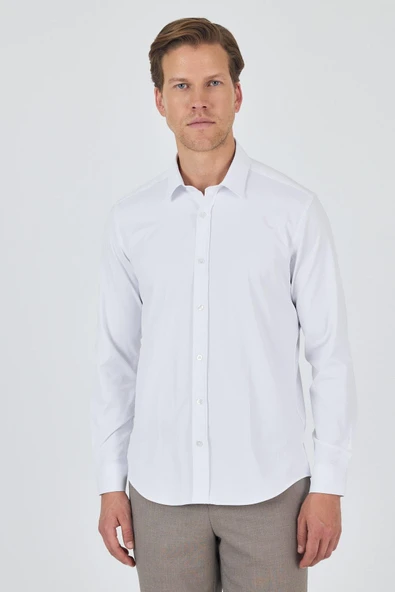 Uzun Kol Düz Bez Ayağı Sert Yaka Cepsiz Pamuklu Classic Slim Fit Gömlek 1004250211