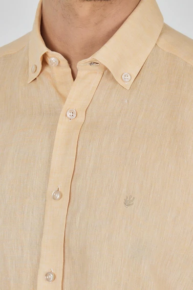 Uzun Kol Düz Keten Düğmeli Yaka Cepsiz Casual Comfort Fit Gömlek 1004250114 - Resim 3