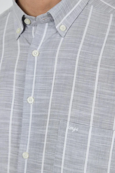Uzun Kol Çizgili Desen Düğmeli Yaka cepli Classic Comfort Fit Gömlek 1004250189 - Resim 4