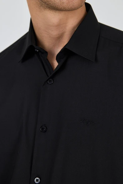Siyah Klasik Yaka Uzun Kol Cepsiz Comfort Fit Classic Pamuklu Gömlek Gömlek 1004250287 - Resim 4