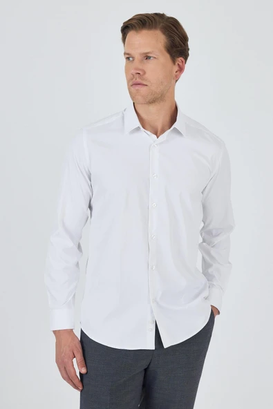 Beyaz Sert Yaka Cepsiz Gabardin Uzun Kol Slim Fit Esnek Gömlek 1004250234 - Resim 3