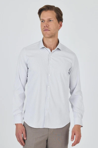 Beyaz-Gri Uzun Kol Çizgili Desen Bez Ayağı İtalyan Yaka Cepsiz Esnek Classic Slim Fit Gömlek 1004250202 ürün görseli
