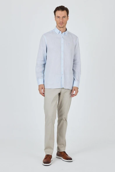 Uzun Kol Düz Keten Düğmeli Yaka Cepsiz Casual Comfort Fit Gömlek 1004250114 - Resim 2