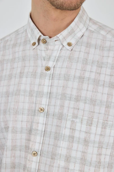 Koyu Yeşil Kısa Kol Ekose Desen Düğmeli Yaka Pamuk Casual Comfort Fit Gömlek 1004250101 - Resim 4