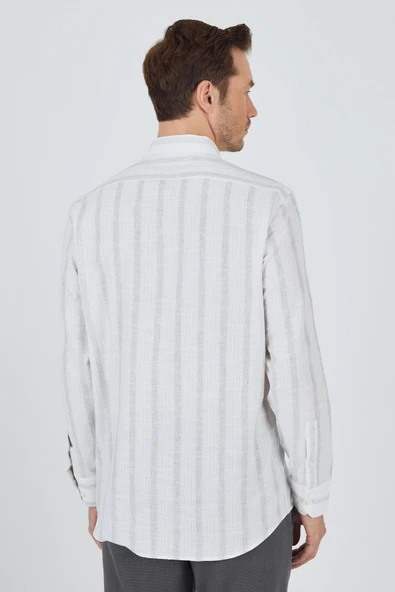 Uzun Kol Çizgili Desen Bez Ayağı Düğmeli Yaka cepli Pamuklu Casual Comfort Fit Gömlek 1004250190 - Resim 5