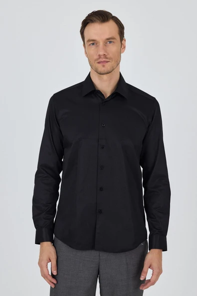 Siyah Sert Yaka Düz Classic Pamuklu Slim Fit Gömlek 1004250900 - Resim 3