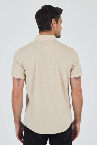 Bej Kısa Kol Düz Örme Düğmeli Yaka Cepsiz Pamuklu Classic Slim Fit Gömlek 1004250155_591 - Resim 5