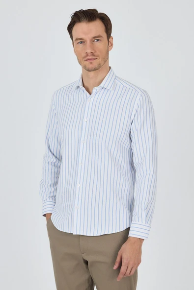 Koyu Mavi Yarım İtalyan Yaka Çizgili Desen Casual Slim Fit Gömlek 1004250216