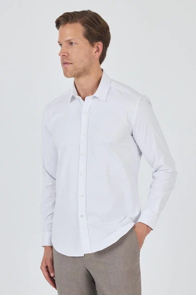 Uzun Kol Düz Bez Ayağı Sert Yaka Cepsiz Pamuklu Classic Slim Fit Gömlek 1004250195 - Resim 2